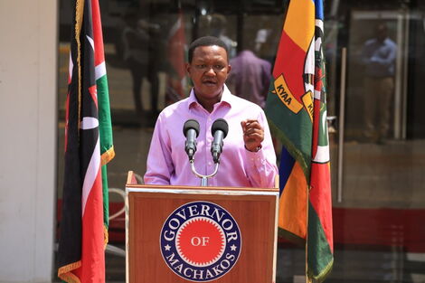 Machakos Governor Alfred Mutua speaking during a press briefing at his Athi River office, Mavoko, April 12, 2020.