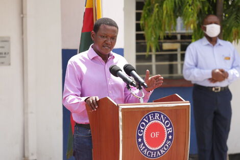Machakos Governor Alfred Mutua speaking during a press briefing at his Mavoko, Athi River, office on April 12, 2020.
