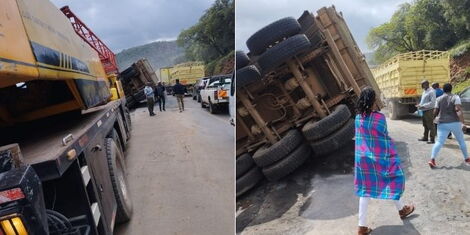 A collage image of an overturned lorry along the Nairobi - Nakuru highway at Mai Mahiu on May 28, 2022.