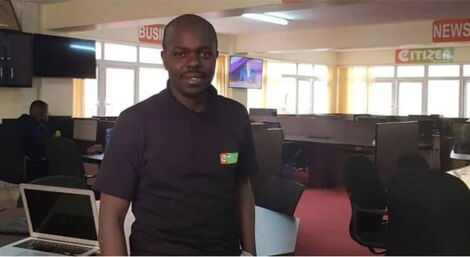 Education reporter Makori Ongechi poses for a photo at Citizen TV newsroom