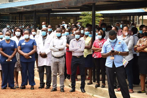 Makueni County Health workers pictured during CS Mutahi Kagwe's address on July 8, 2020.