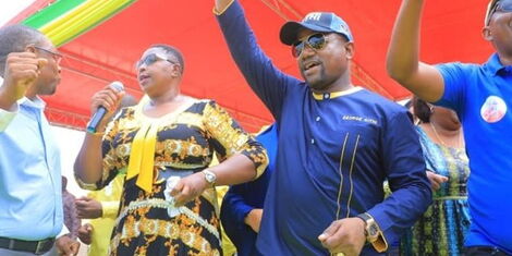 Malindi MP Aisha Jumwa and PAA gubernatorial aspirant George Kithi during a Kenya Kwanza Rally at the Msabaha Stadium in Kilifi County on Wednesday, May 25, 2022
