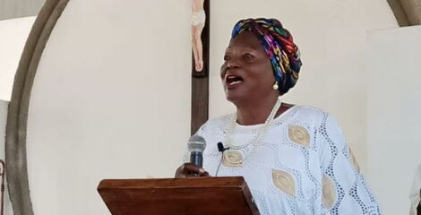 Former First Lady Mama Ngina Kenyatta addresses a congregation at the St. Teresa's Catholic Church in Mpeketoni, Lamu County, on Saturday, February 4, 2023.