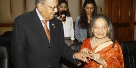 Manu Chandaria and his wife during their wedding at the AG's Sheria House Office in 2019