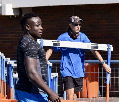 File Photo of Sprinter Ferdinand Omanyala and his Manager Marcel Viljoen During Past Training Session