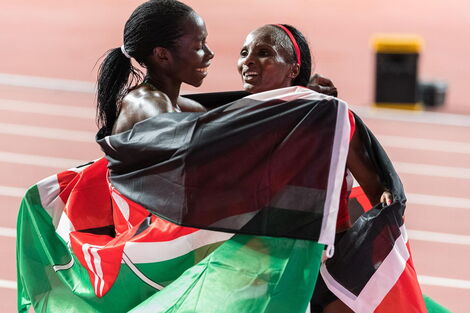 Margaret Chelimo Embraces Hellen Obiri During The World Championship in Doha, Qatar