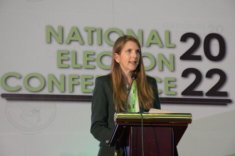 British High Commissioner to Kenya, Jane Marriott giving a speech during the Kenya national elections conference held on Monday July 11, 2022