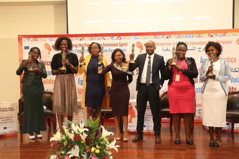 Mashirima Kapombe (centre) together with other winners of The 2021 Gender Equality awards on October 13