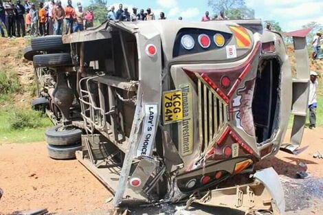 A matatu overturned in Mlolongo along Mombasa Road in January, 2019.