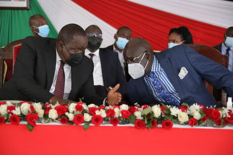 Interior Cabinet Secretary Fred Matiang'i and his education counterpart George Omore Magoha during the launch of national examinations in Nairobi on Friday February 18, 2022