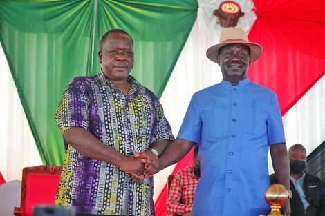 Interior CS Fred Matiang'i and ODM leader Raila Odinga at a fundraiser in Mwongori High School in Kisii County on October 22, 2021.