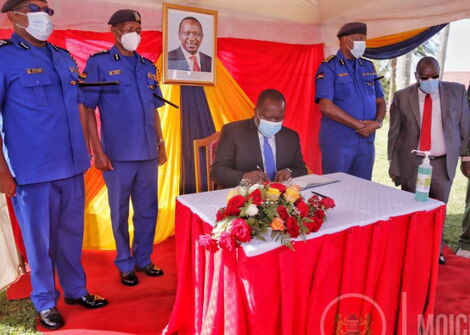 Interior CS Fred Matiang'i in Nyeri County for the official opening ceremony of the direct entry cadet inspectors course at the National Police College Kiganjo Campus on Friday, April 30, 2021.