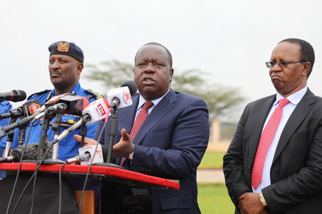 Interior Cabinet Secretary Fred Matiang'i addressing the press accompanied by PS Karanja Kibicho and IG Hillary Mutyambai on Friday August 5, 2022