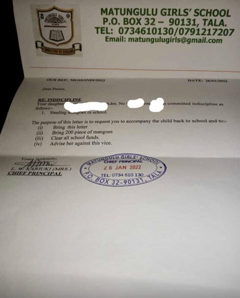 Letter from Matungulu Girls School with orders to parent to buy 200 mangoes after learner breaks the rules.