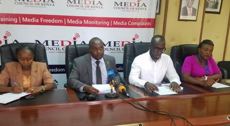 Media Council of Kenya CEO David Omwoyo (Second from the Left) with members of the council during a press briefing in Nairobi.