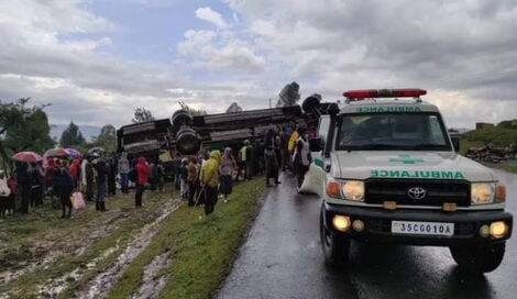 Medics from Londiani Hospital attend to victims of accident at Fort Ternan on Monday, October 11, 2021.
