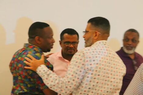 Mombasa gubernatorial hopefuls Mike Sonko (Wiper), Mvita MP Abdulswamad Nassir (ODM) and Hassan Omar (UDA) on Saturday morning, May 28, 2022.