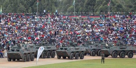 Military vehicles displayed by KDF officers during Madaraka Day celebrations at Uhuru Gardens on June 1, 2022.
