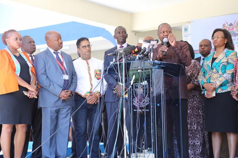 Ministry of Health Cabinet Secretary Mutahi Kagwe addresses the media