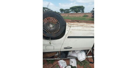 The car which rolled at Bangali shopping centre in Tana River County on December 31, 2021after a tyre burst, killing the driver