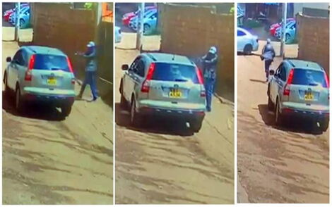 Photo collage of CCTV footage showing the shooting incident along the Mirema Drive in Kasarani area executed by unknown assailant