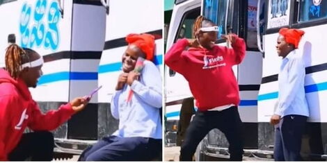 Photo collage of screengrab of street dancer David Moya surprising a female tout on February 11, 2022