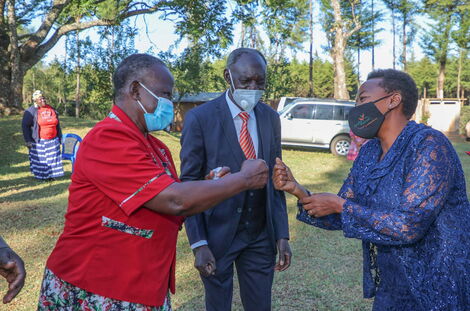 Mrs Olasya (left), Mr. Naftali Olasya (middle) and Second Lady Mama Ruto (right) sharing a happy moment on Friday February 26