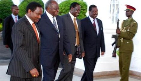 From Left: An undated image of Wiper Party Leader Kalonzo Musyoka, Late President Mwai Kibaki, Raila Odinga and Musalia Mudavadi at State House in a past event