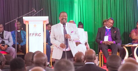  Prime Cabinet Secretary Musalia Mudavadi addresses the congregation during the Interdenominational Thanksgiving Prayer Service at Nanyuki Stadium, Laikipia County on January 8, 2023. 