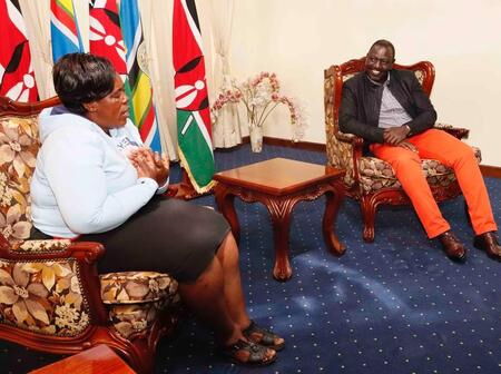 Elizabeth Mueni and DP Ruto enjoying a light moment at DP Ruto's residence in July 2021. 