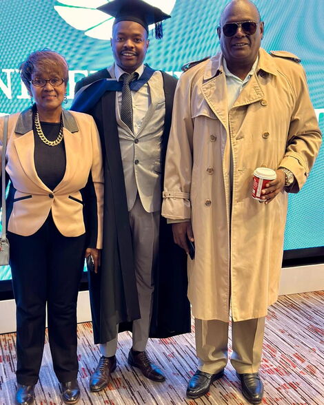 Jubilee vice chairperson David Murathe, his son, Davidson Wakairu and wife during his graduation ceremony on Tuesday November 29,2022