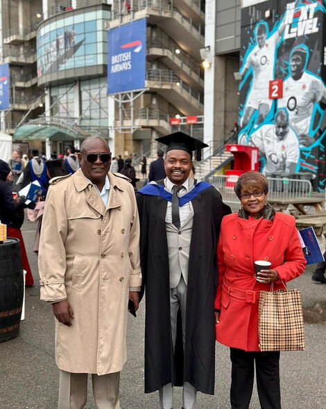 Jubilee vice chairperson David Murathe, his son, Davidson Wakairu and wife during his graduation ceremony on Tuesday November 29,2022