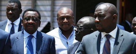 Senators James Orengo (left) and Kipchumba Murkomen (right) after attending a Senate session in 2019