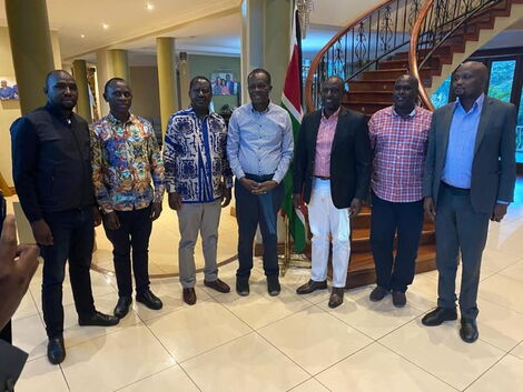 Deputy President William Ruto, ODM Leader Raila Odinga, Senator Kipchumba Murkomen, Moses Kuria among other leaders when they paid Jubilee Secretary General Raphael Tuju a visit at his Karen home on Friday, March 20, 2020.