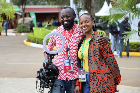 Kenyans.co.ke videographers, Musa Chahare and Ivy Nyawira at the Bomas of Kenya on Sunday, August 14, 2022
