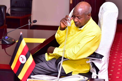 Ugandan President Yoweri Museveni on a phone call in his office on Wednesday, April 29, 2020
