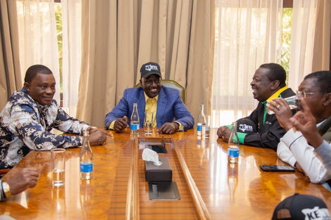 National Assembly Speaker, Justin Muturi (left), Deputy President William Ruto (centre), ANC party leader, Musalia Mudavadi (second right) and his Ford-Kenya counterpart, Moses Wetangula (right) in a meeting on Saturday, April 9, 2021