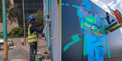 A collage image of Viktart Mwangi working on a mural.