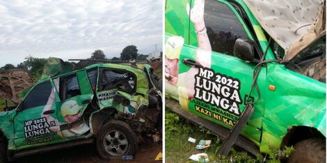 Photo collage of Lunga Lunga MP Khatib Mwashetani's Campaign car involved in an accident on Thursday August 4, 2022