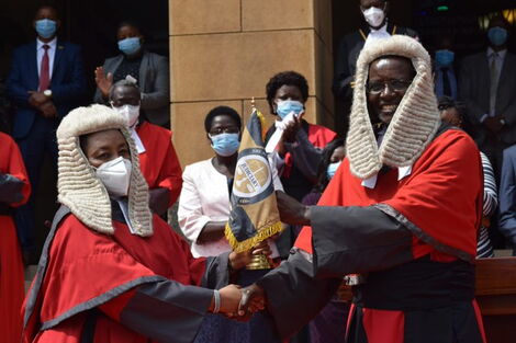Acting Chief Justice Philomena Mwilu and outgoing Chief Justice David Maraga at the Supreme Court on January 11, 2021.
