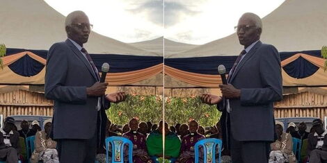 Mzee Andrew Arap Goin speaking at a past function in Nandi County.