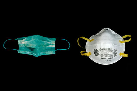 A surgical mask (left) and an N95 mask.