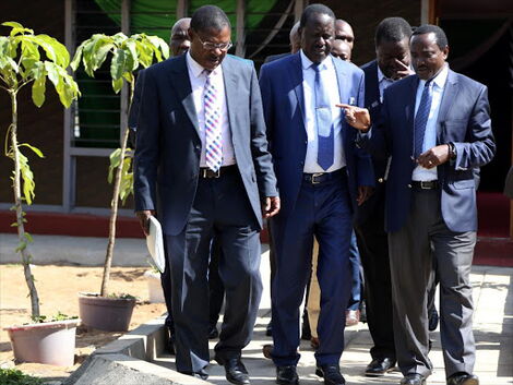 From left: NASA co-principals Moses Wetangula, Raila Odinga, Musalia Mudavadi and Kalonzo Musyoka discuss prior to a press conference in 2017