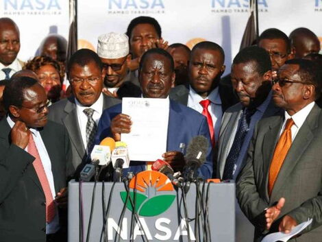 Former NASA leaders from Left, Kalonzo Musyoka, Moses Wetangula, Raila Odinga and Musalia Mudavadi during a press brief in 2018.