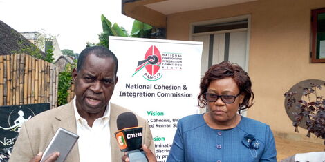 NCIC Commissioner Phillip Okundi and Dorcas Kedogo addressing the media on October 28, 2020.