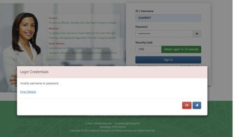 Reflection of an error on the NTSA website after attempting to log in on August 3, 2022.