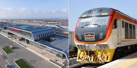 A collage image of the Nairobi terminus (LEFT) and Madaraka express train (RIGHT).
