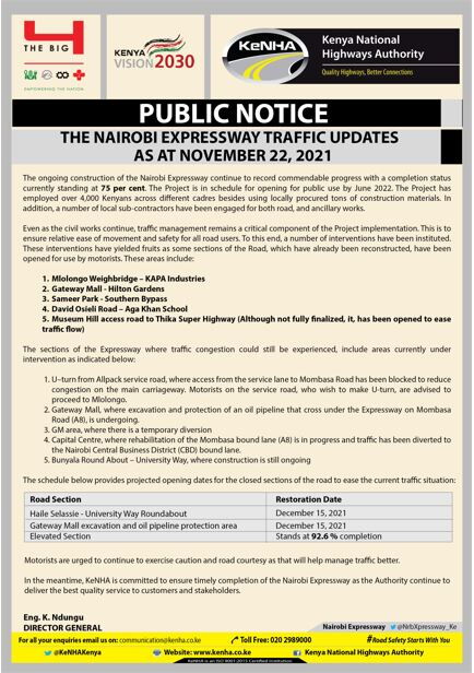 Nairobi Expressway traffic updates released by KeNHA dated Monday, November 22, 2021.