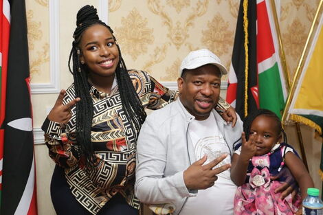 Nairobi Governor Mike Sonko (Centre) strikes a pose with his daughter Saumu Mbuvi (Left) and granddaughter Sasha during his birthday party on March 4, 2020.