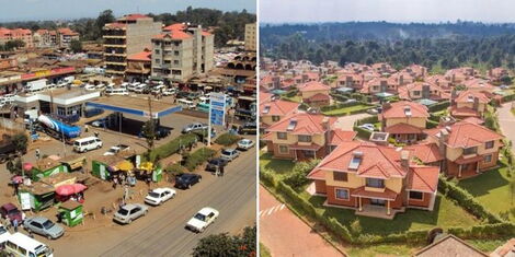 A photo collage of an aerial view of Kiambu Town (left) and apartments at Fourways Junction along Kiambu Road (right).
